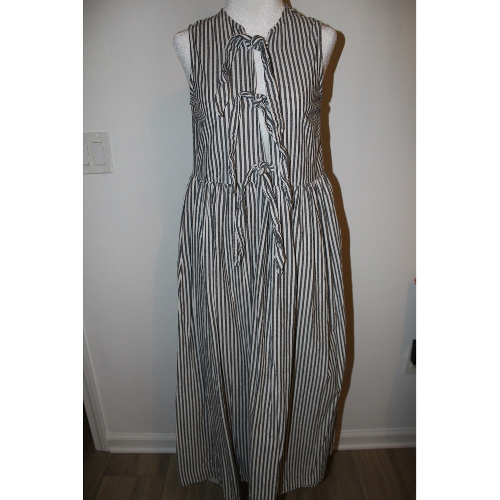 Miou Muse Women's Small Grey White Striped Cotton‎ Tie Front Maxi Dress